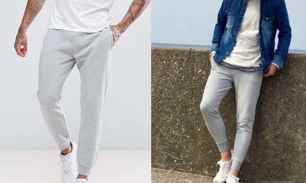 men grey sweatpants with white t-shirt and denim