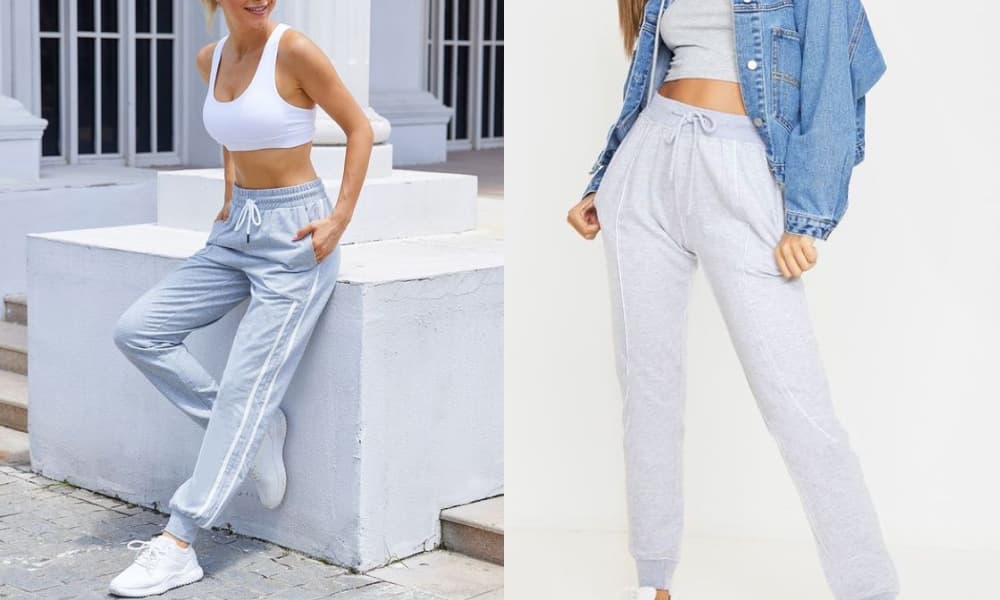 women grey sweatpants with a crop top and a denim jacket